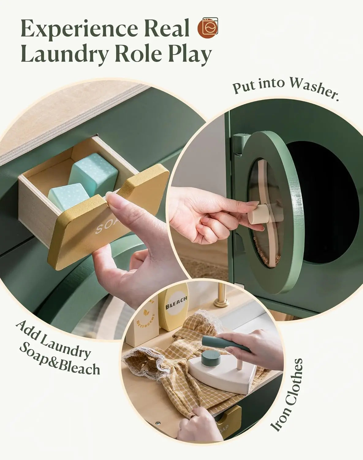 Robotime Wooden Vintage Green Washing Machine Playset for Kids Kitchen Pretend Play