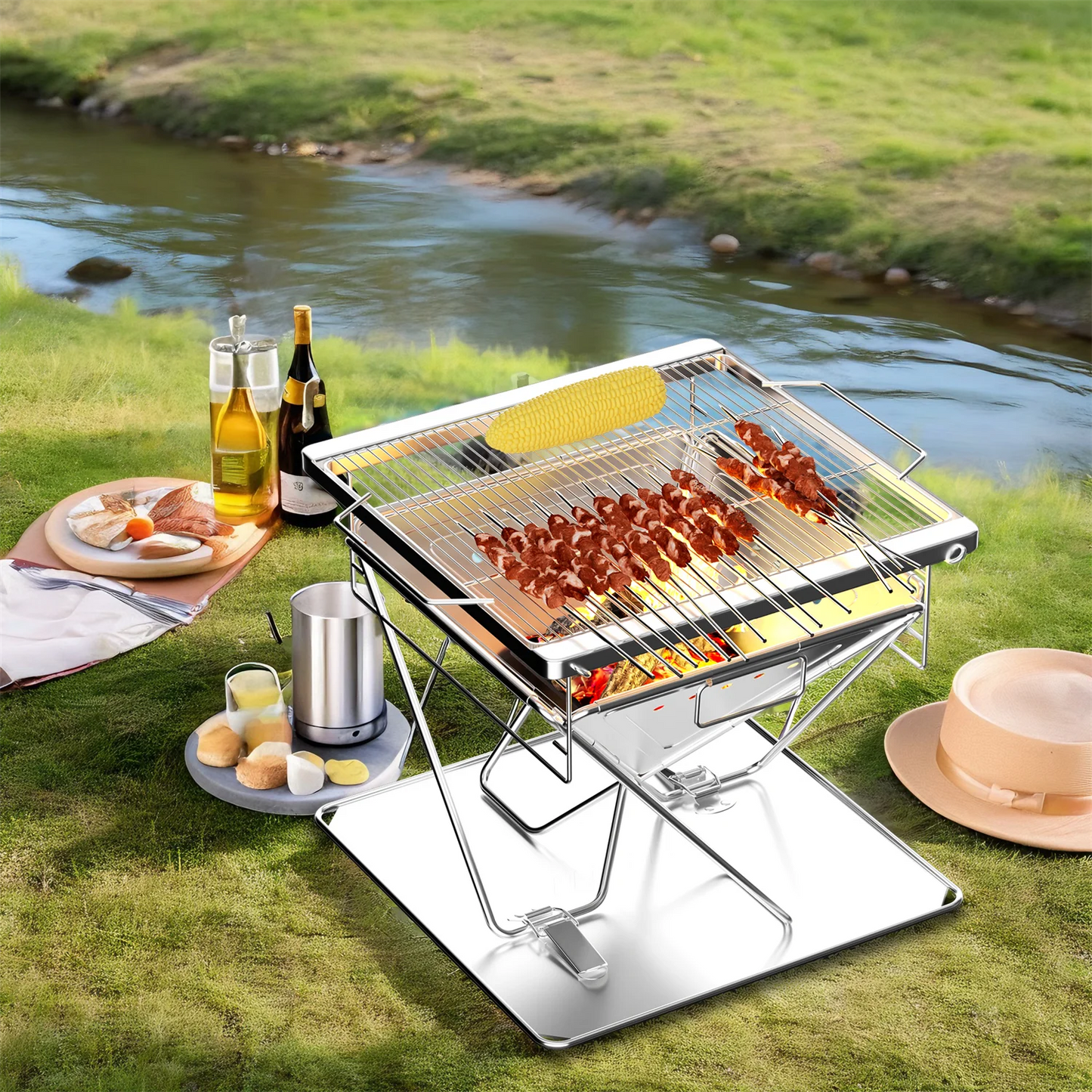 Folding Stainless Steel Fire Pit Grill with Carry Bag for Outdoor Camping and Backyard Use