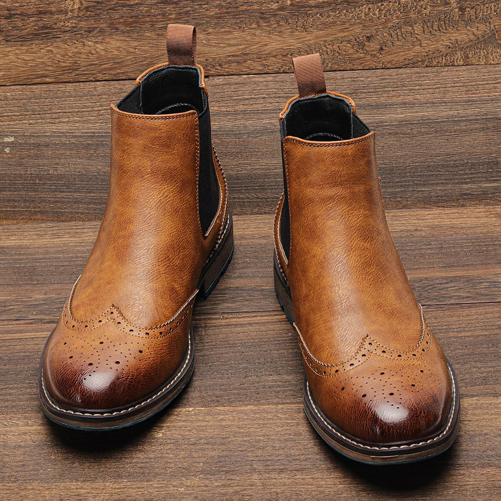Brogue Chelsea Men Boots 2025 American Style Comfortable Leather Fashion Footwear