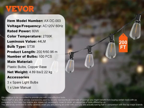 VEVOR Dimmable LED Outdoor String Lights 2700K Waterproof Patio Lights for Garden Balcony