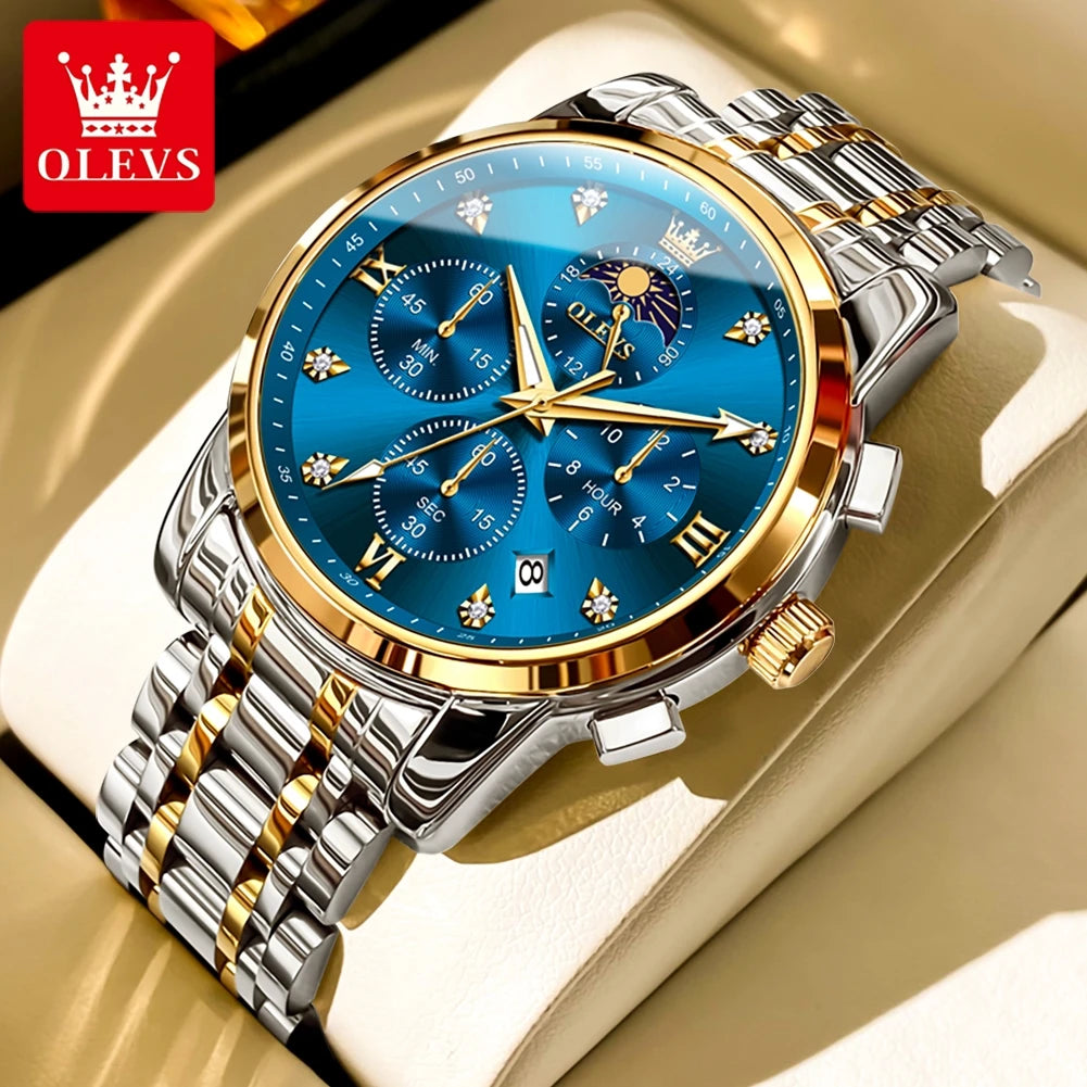 OLEVS Luxury Men's Moon Phase Chronograph Quartz Watch Gold Stainless Steel Luminous
