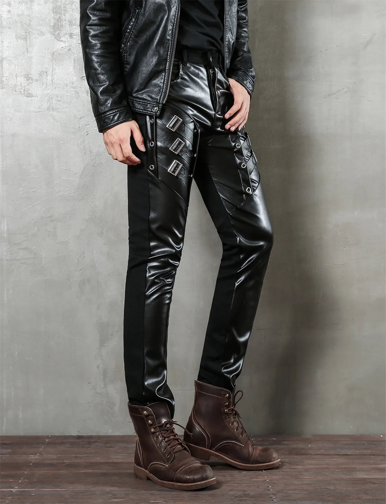 Men's Slim Fit Faux Leather Biker Pants for Night Club Dance and Casual Wear