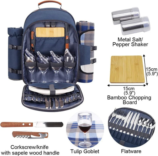 Navy Blue Picnic Backpack Set for 4 with Insulated Waterproof Pouch for Outdoor Fun