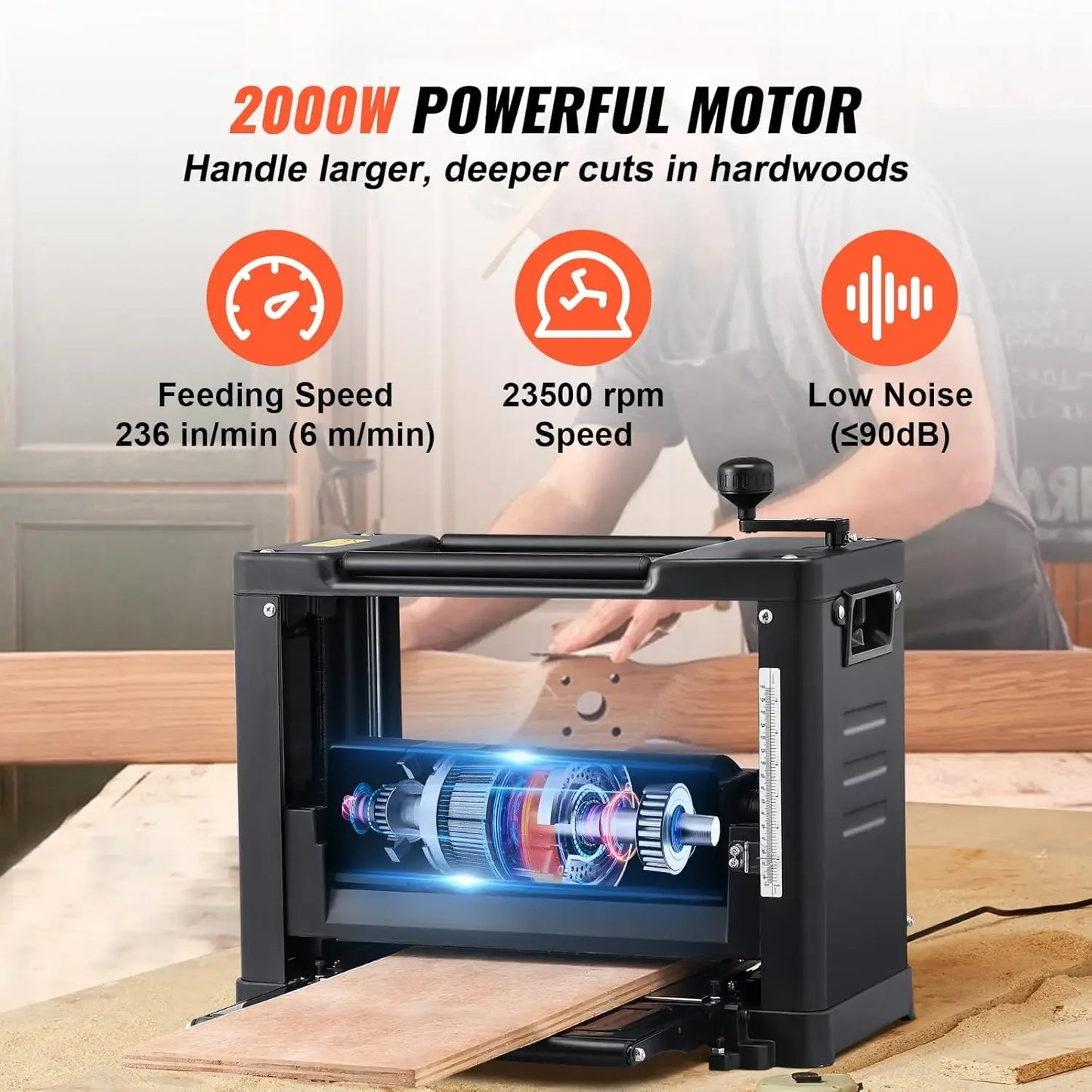 XMSJ 13 Inch Thickness Planer Benchtop Low Noise Woodwork Tool with 12 Inch Infeeding Table