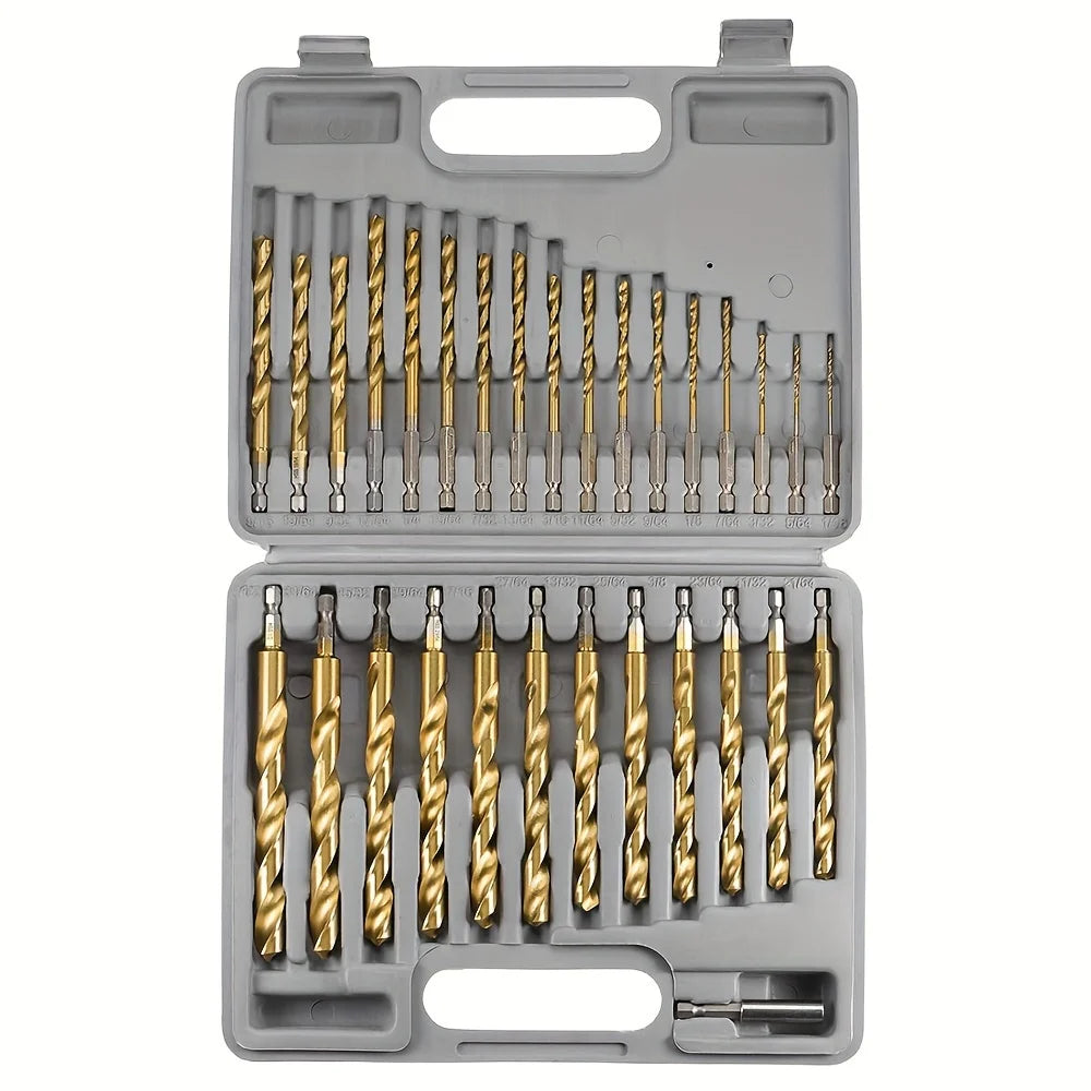 Titanium Impact Drill Bit Set -30 Pcs Hex Shank HSS,1/16"-1/2"Hex Shank Drill Bit Set,Quick Change Design,for Wood,Steel,Metal