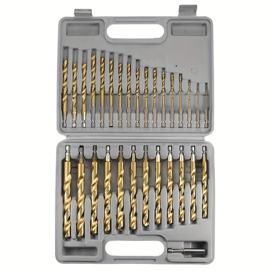 Titanium Impact Drill Bit Set -30 Pcs Hex Shank HSS,1/16"-1/2"Hex Shank Drill Bit Set,Quick Change Design,for Wood,Steel,Metal