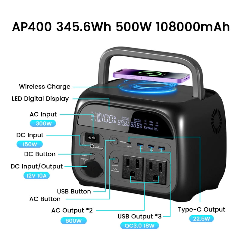 Portable 345Wh Lifepo4 Power Station with 2x 500W Outlets for Camping and RV Use