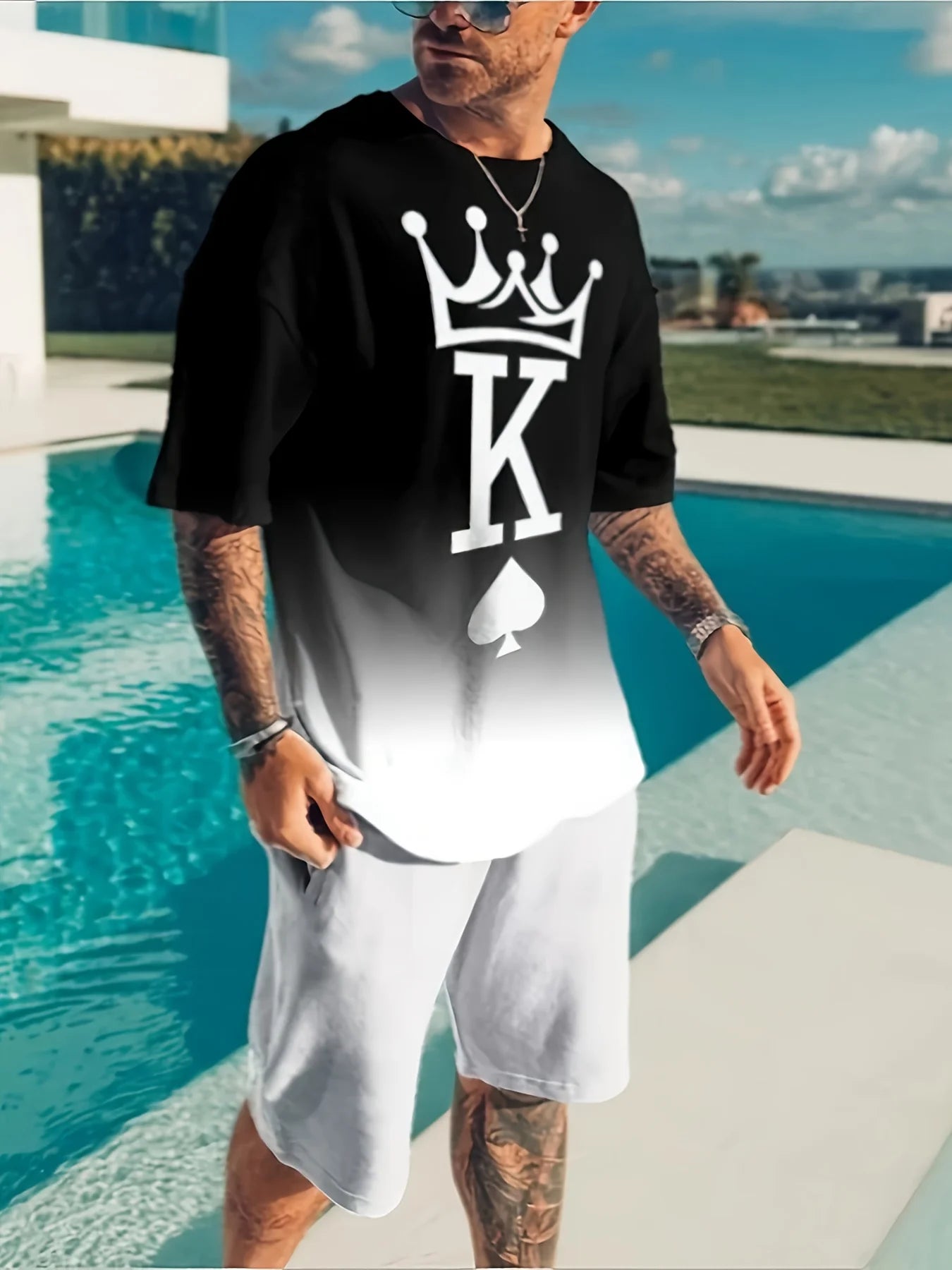Men's Trendy Round Neck Short Sleeve Two Piece Suit with 3D Digital Print for Summer
