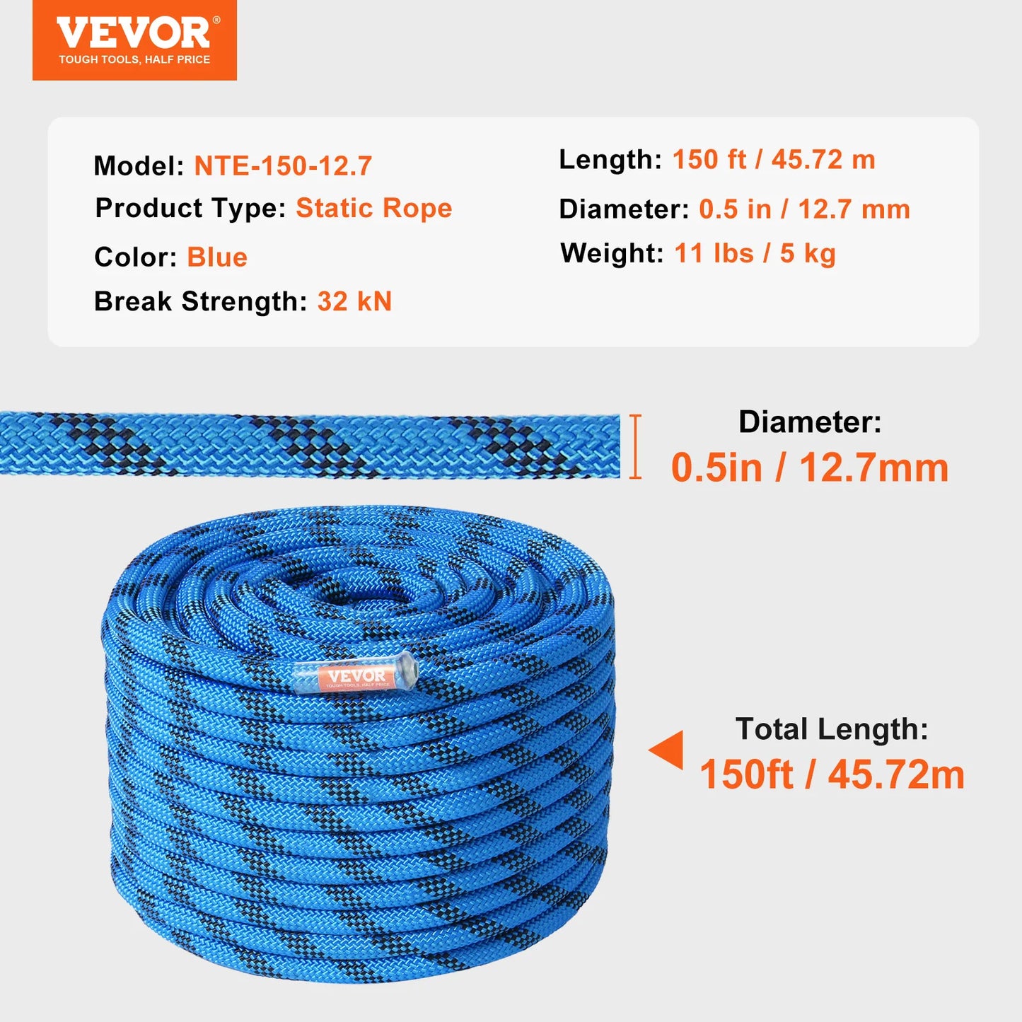 VEVOR 12.7mm Static Climbing Rope 125ft 150ft 200ft 30KN Breaking Strength with Steel Hooks