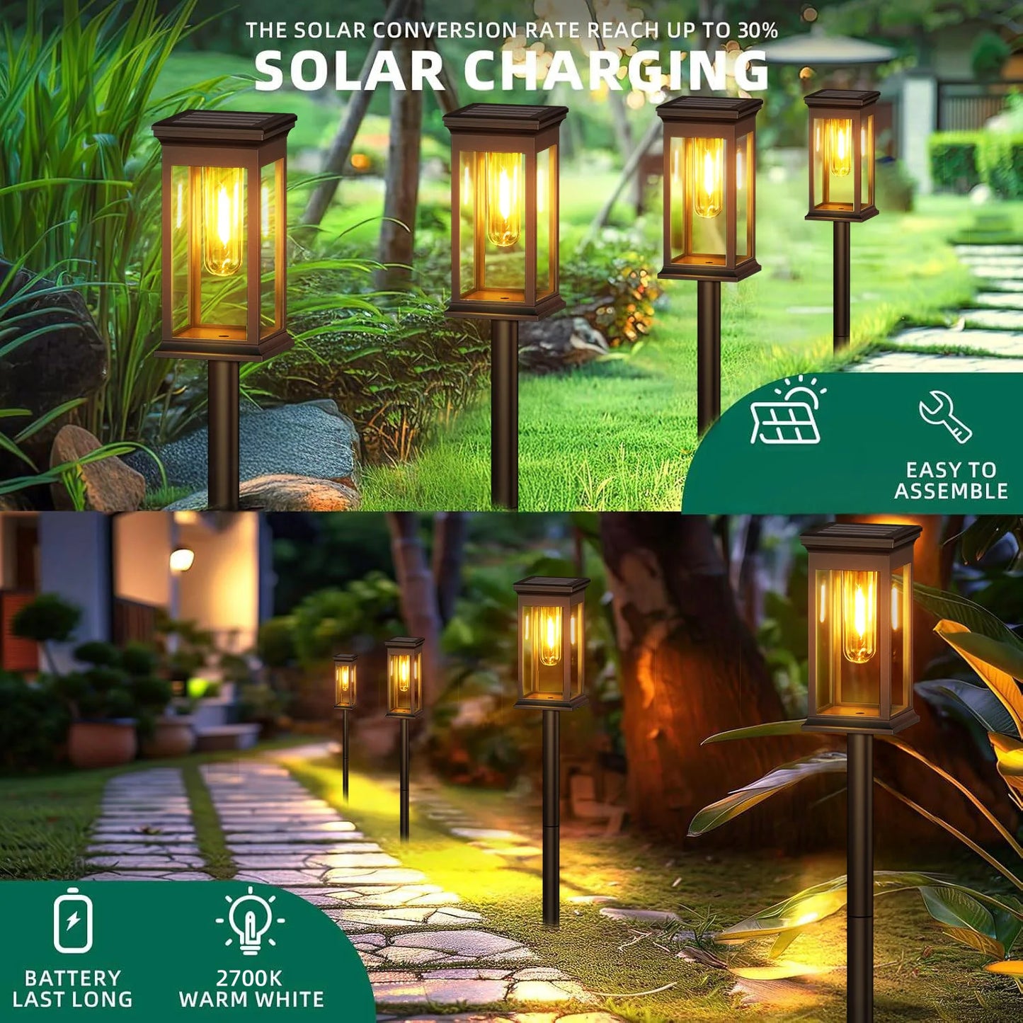 Upgraded Solar Lights 2700K Warm White 12 Hours Brightness for Yard and Garden Pathway