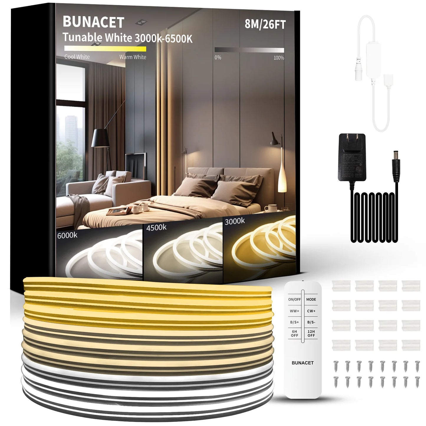 Outdoor Led Strip Lights 8M 16M 3000K-6500K IP67 Waterproof Tunable Lights RF Remote with 24V DC Dimmable Neon Rope Lights Decor
