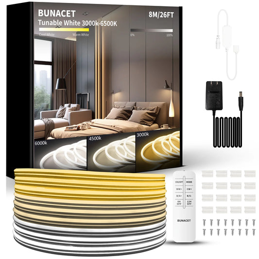 Outdoor Led Strip Lights 8M 16M 3000K-6500K IP67 Waterproof Tunable Lights RF Remote with 24V DC Dimmable Neon Rope Lights Decor