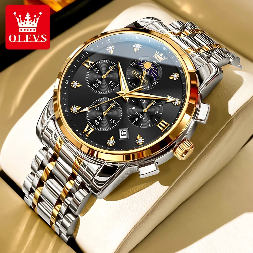 OLEVS Luxury Men's Moon Phase Chronograph Quartz Watch Gold Stainless Steel Luminous