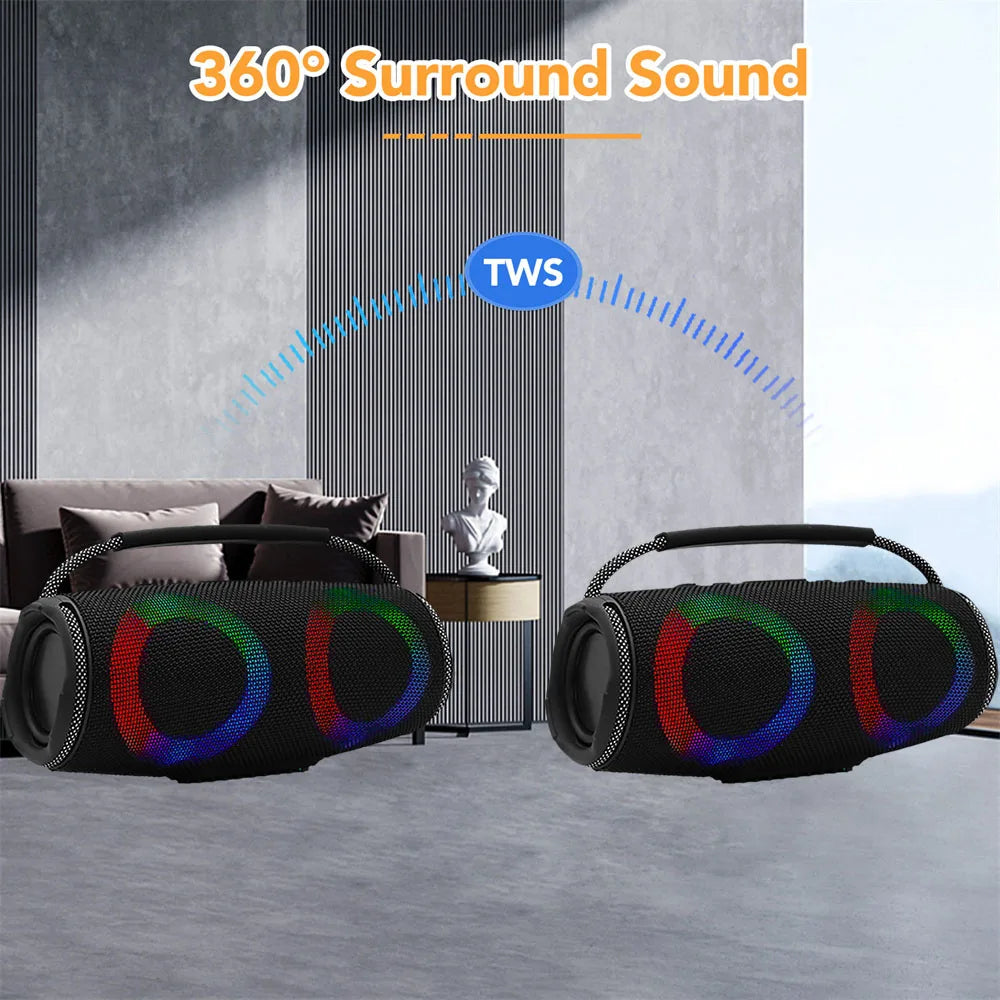 Powerful Bluetooth Speaker with LED Light Portable Outdoor Sound Box Dual Subwoofers