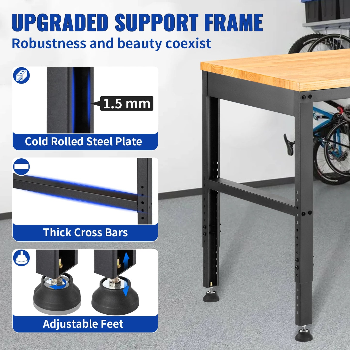 SucceBuyMulti Adjustable Workbench Woodworking Hardwood Work Bench with Power Outlets Foot Pads for Workshop DIY Office Home Use