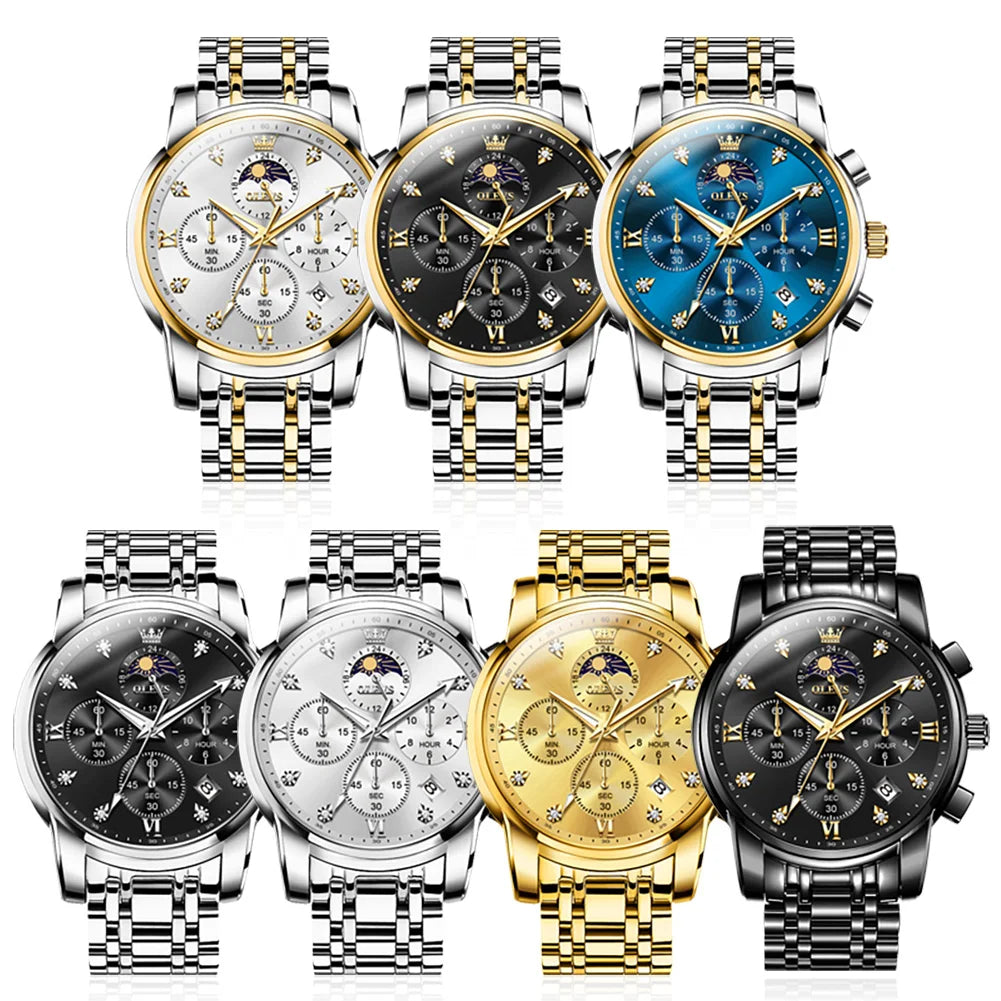 OLEVS Luxury Men's Moon Phase Chronograph Quartz Watch Gold Stainless Steel Luminous