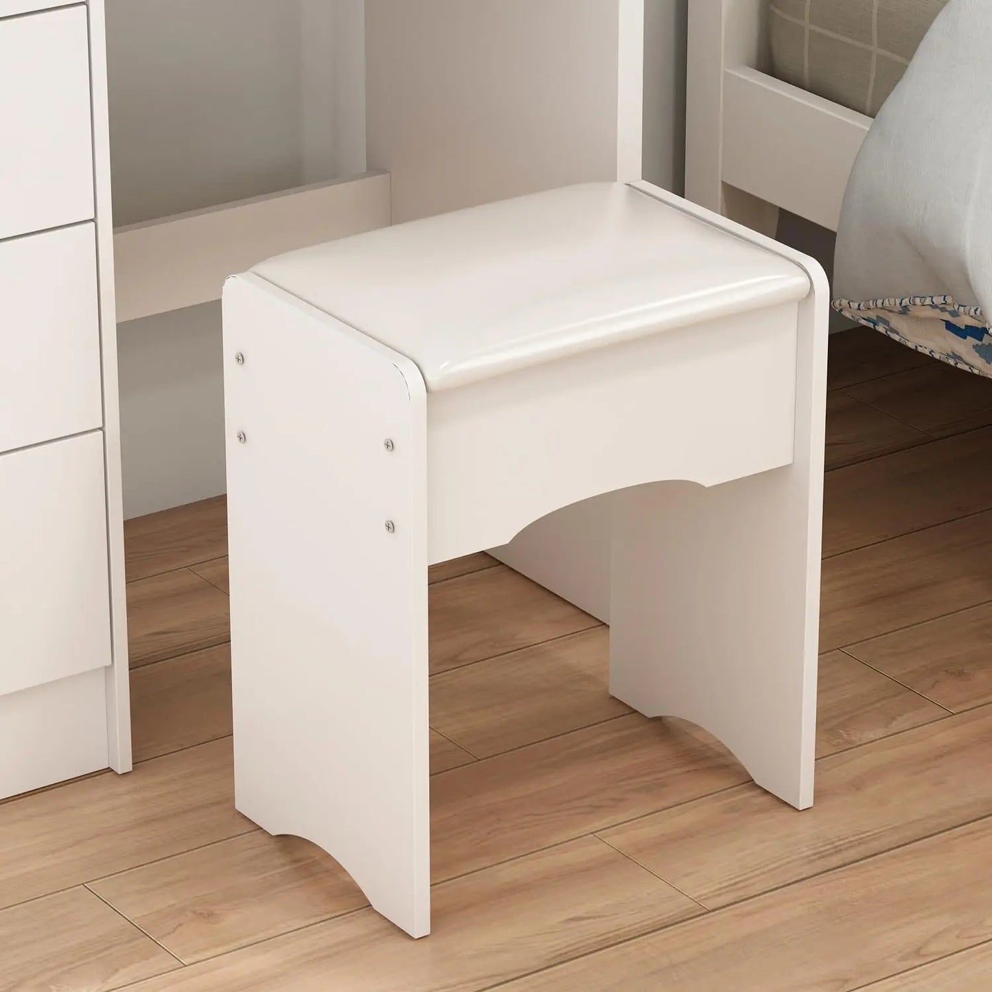 Vanity Desk Set with Round Mirror, Makeup Dressing Table with 5 Drawers, Storage Shelves & Cushioned Stool for Bedroom, White