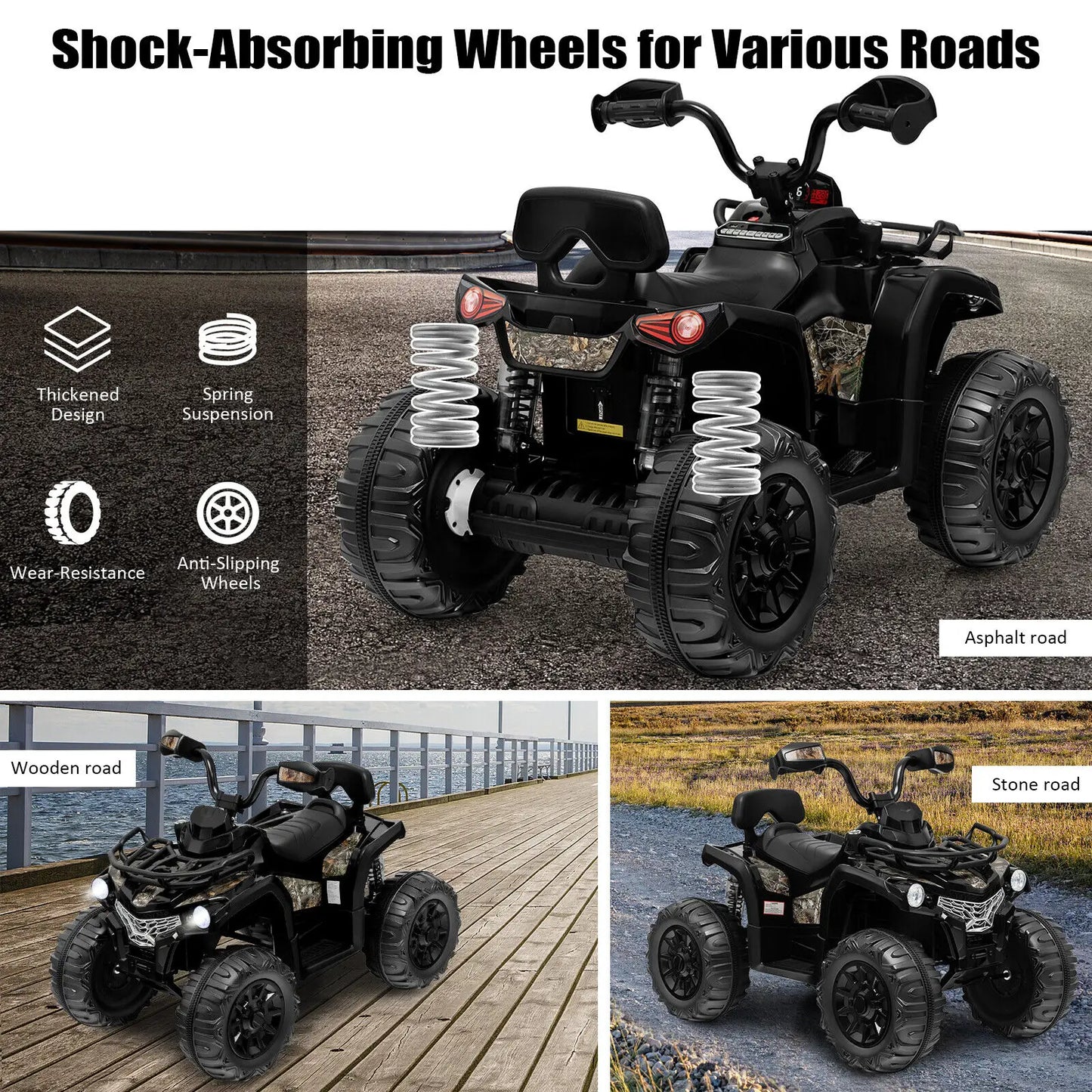 Babyjoy 12V Kids Electric ATV Ride On 4-Wheeler Quad with MP3 and Headlights Black