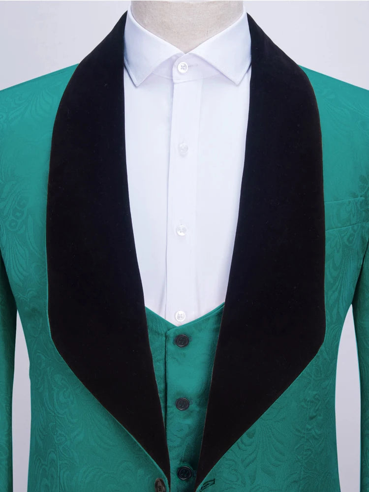 Mens 3 Piece Floral Tuxedo Slim Fit Jacquard Suit Set for Prom and Wedding Events