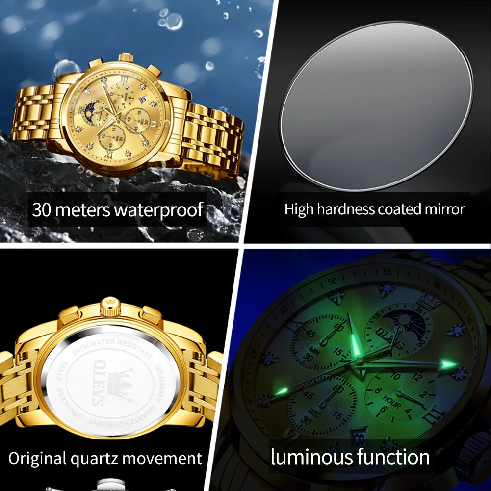 OLEVS Luxury Men's Moon Phase Chronograph Quartz Watch Gold Stainless Steel Luminous