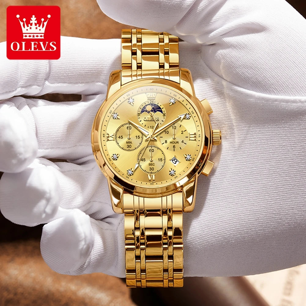 OLEVS Luxury Men's Moon Phase Chronograph Quartz Watch Gold Stainless Steel Luminous