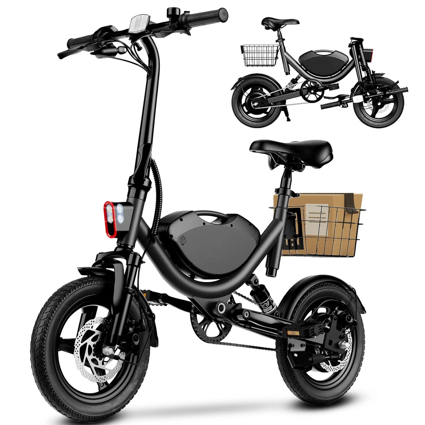 500W Folding Electric Bicycle 22MPH Dual Suspension 14 Inch Tires 36V Battery with Basket