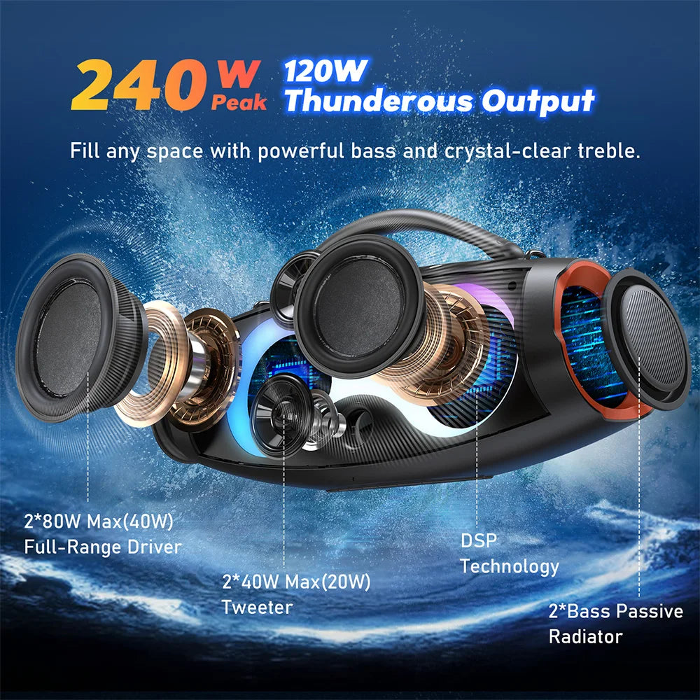 DOSS Portable Bluetooth Speaker 120W Powerful Sound IPX6 Waterproof Outdoor Subwoofer