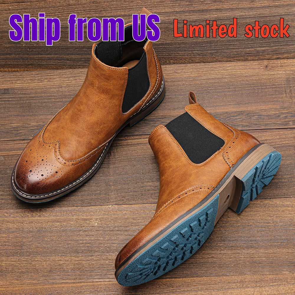 Brogue Chelsea Men Boots 2025 American Style Comfortable Leather Fashion Footwear