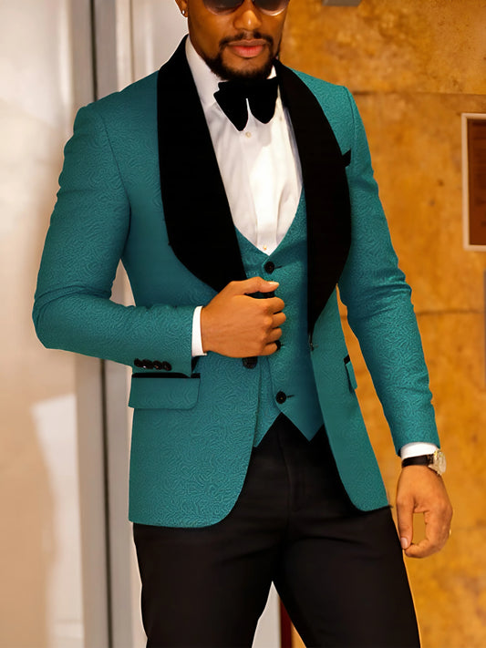 Mens 3 Piece Floral Tuxedo Slim Fit Jacquard Suit Set for Prom and Wedding Events