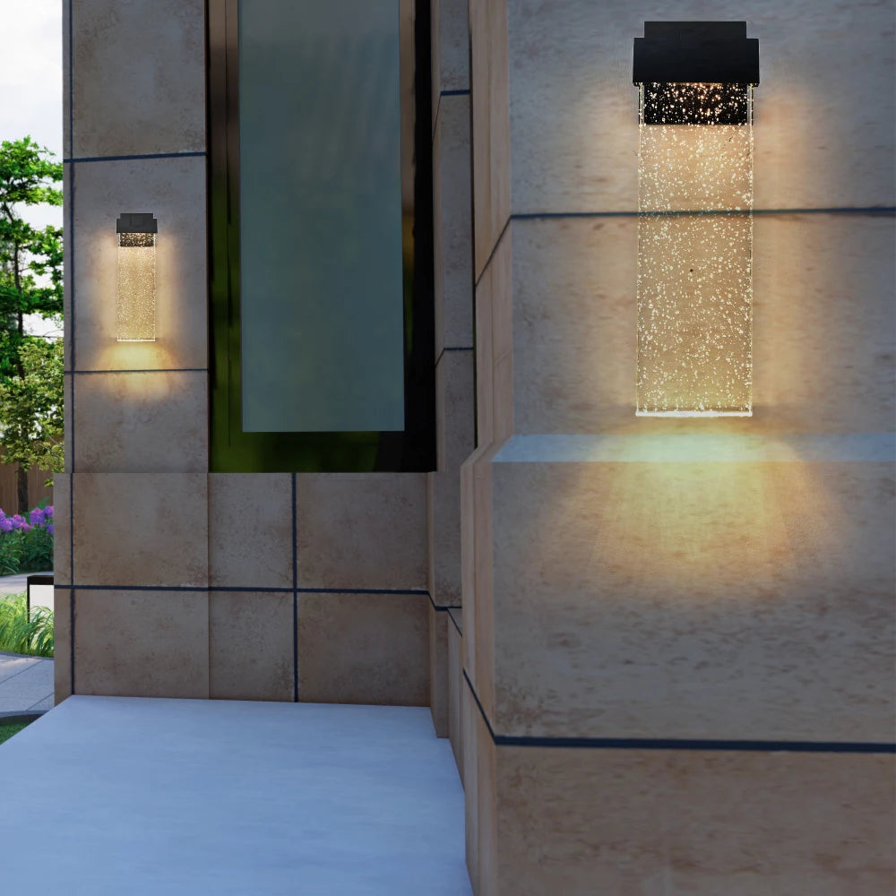 18 Inch Modern Outdoor Wall Light Fixture Weatherproof LED Sconce Bubble Crystal Black Finish