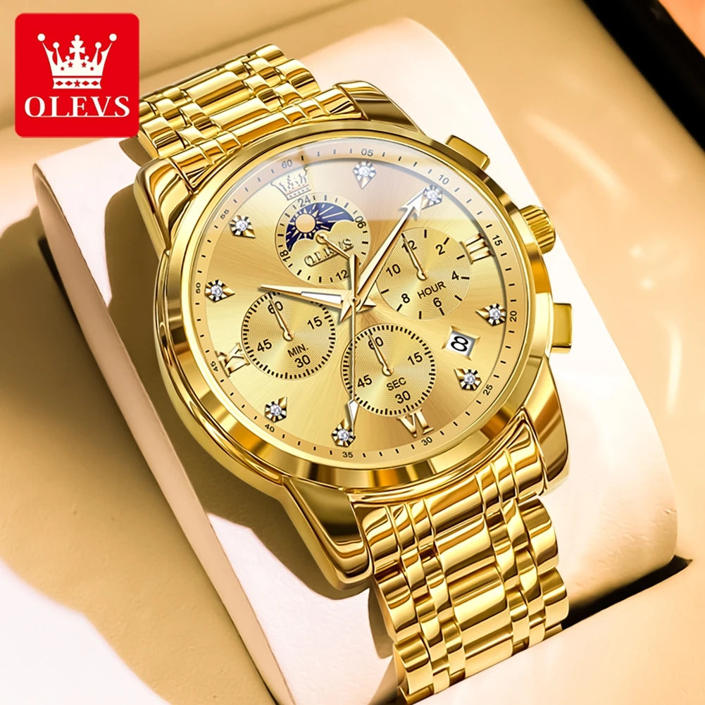 OLEVS Luxury Men's Moon Phase Chronograph Quartz Watch Gold Stainless Steel Luminous