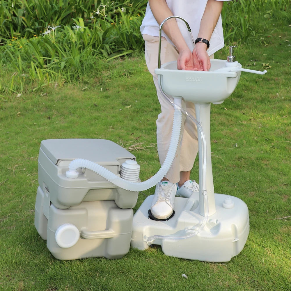Outdoor Portable Camping Sink with Toilet Hand Wash Basin Foot Pump RV Travel Fishing