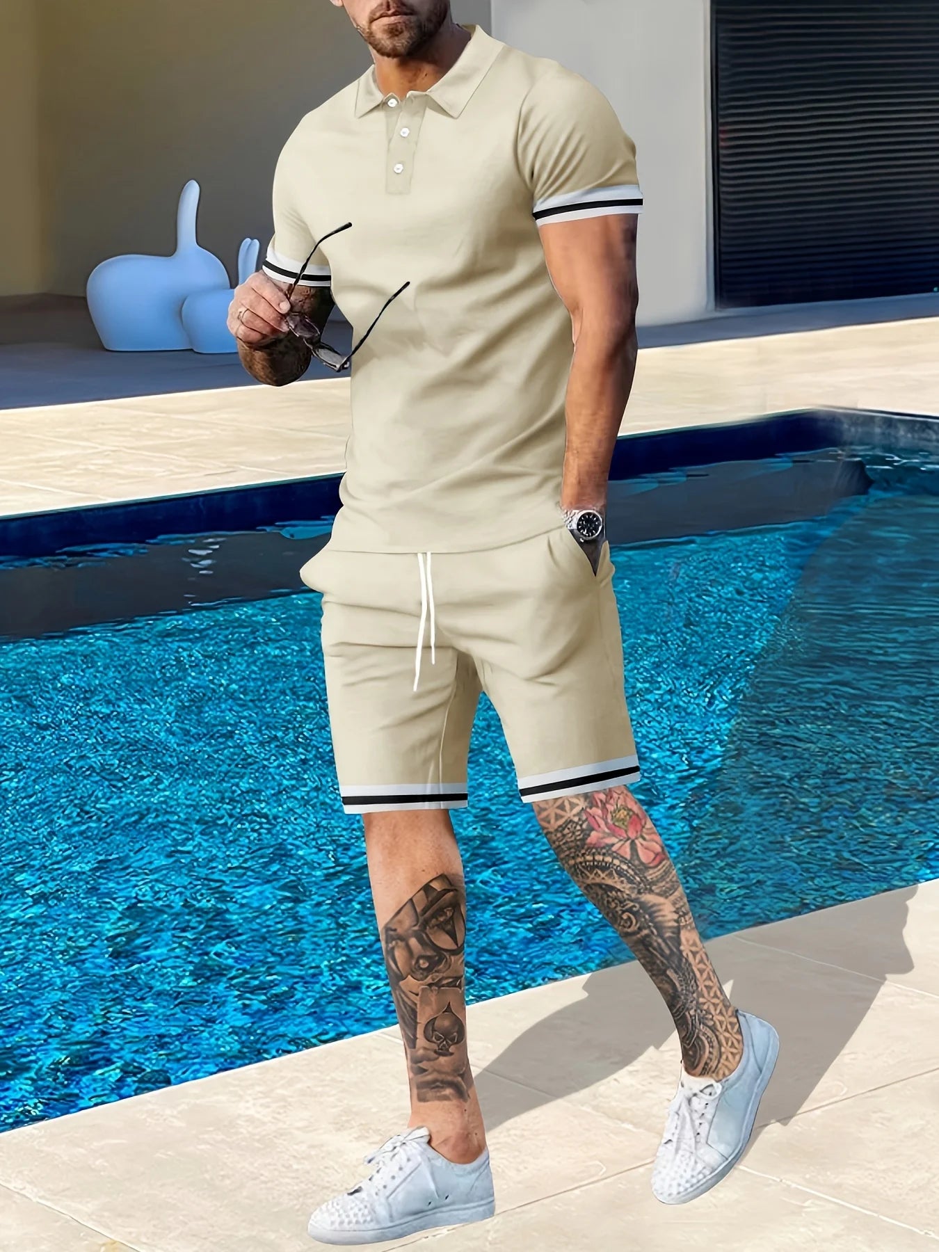 Men's Summer Short Sleeve Polo Shirt and Shorts Athleisure Two-Piece Travel Set