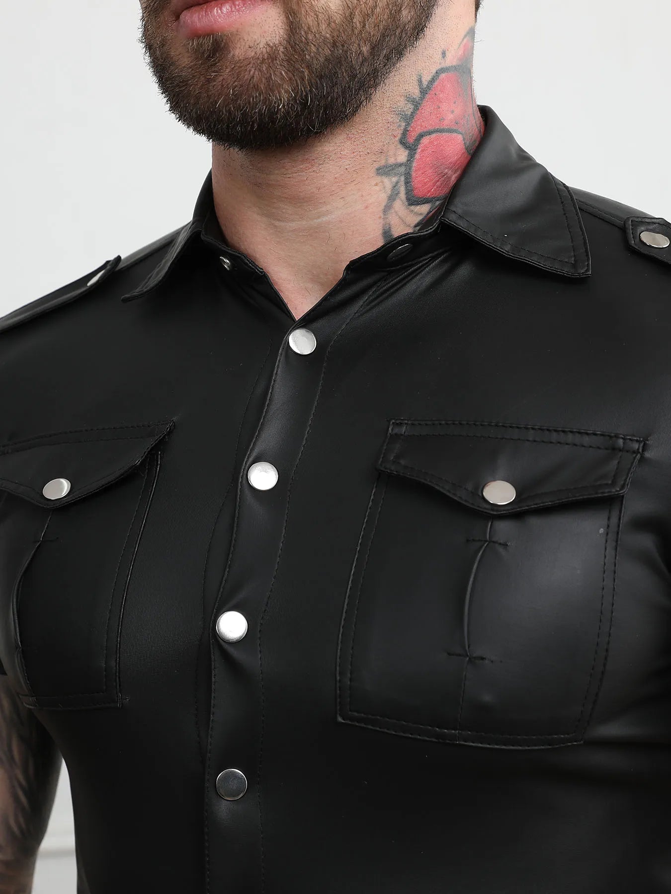 Men's Faux Leather Short Sleeve Collared Shirt for Casual Motorcycle and Party Wear