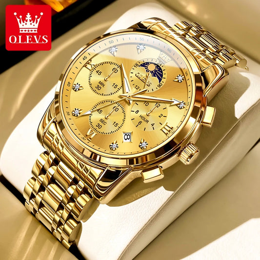OLEVS Luxury Men's Moon Phase Chronograph Quartz Watch Gold Stainless Steel Luminous