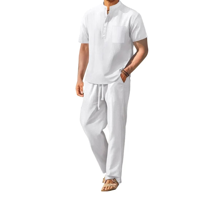 Men's Casual 2 Piece Outfit Short Sleeve Henley Top and Drawstring Pants Set
