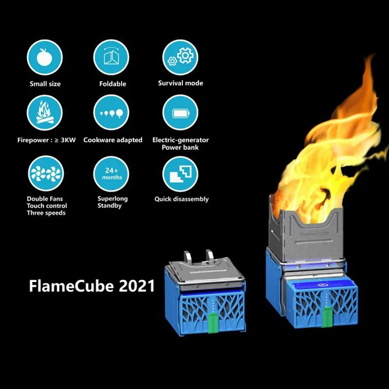 Flame Cube Portable Wood Burning Camp Stove Outdoor Folding Backpacking USB Charger