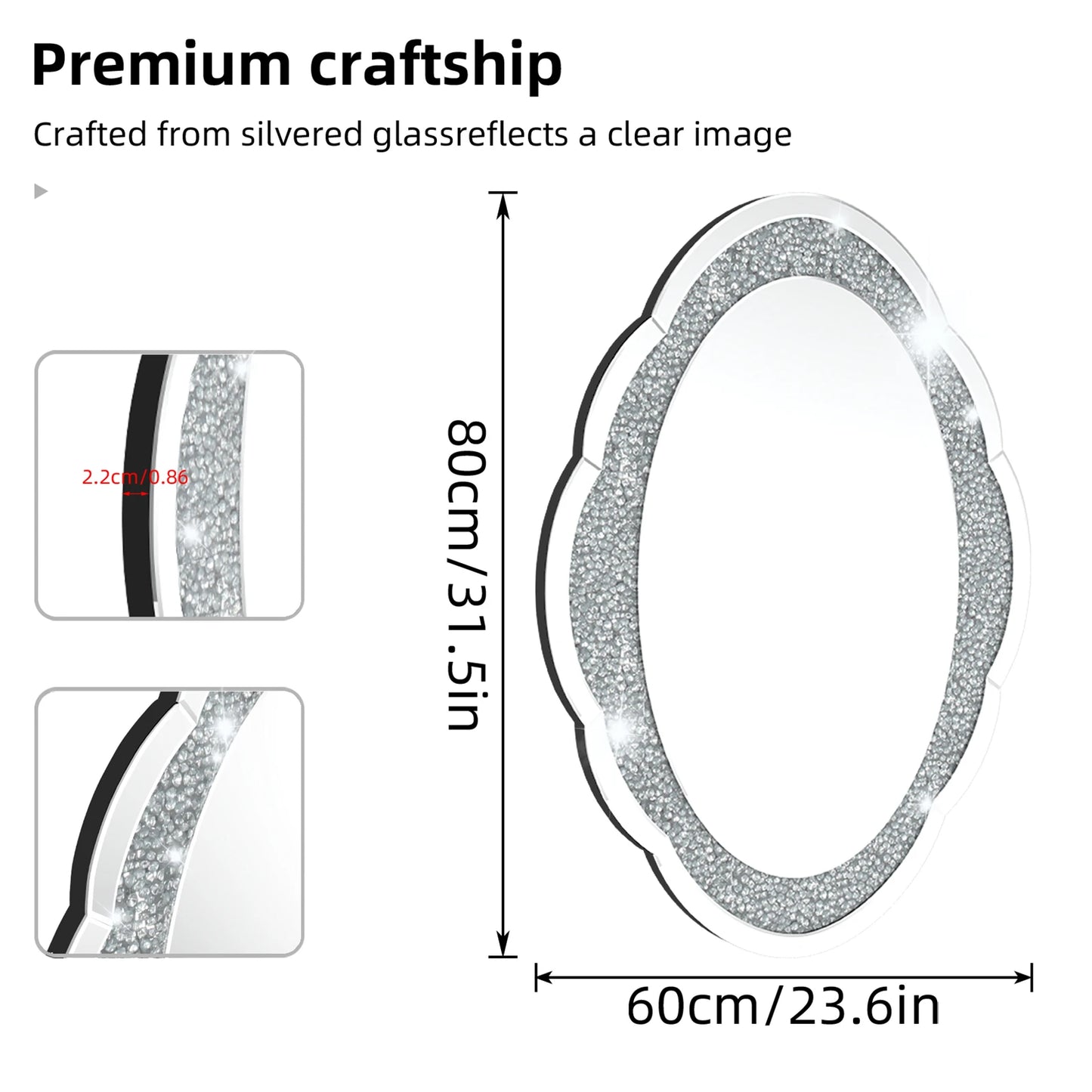 Decor Wall Mirror Arch Crystal Crushed Diamonds Vanity Accent Mirror  600x800mm for Entryway Hallway, Bedroom,Hotel Wall Decor