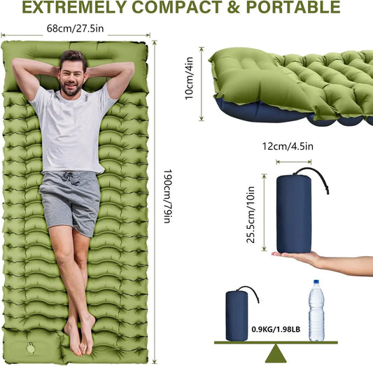 Super Thick 4 Inch Inflatable Sleeping Mat with Pillow and Built-In Pump for Camping