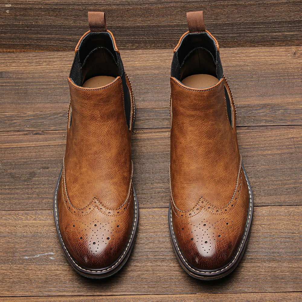Brogue Chelsea Men Boots 2025 American Style Comfortable Leather Fashion Footwear