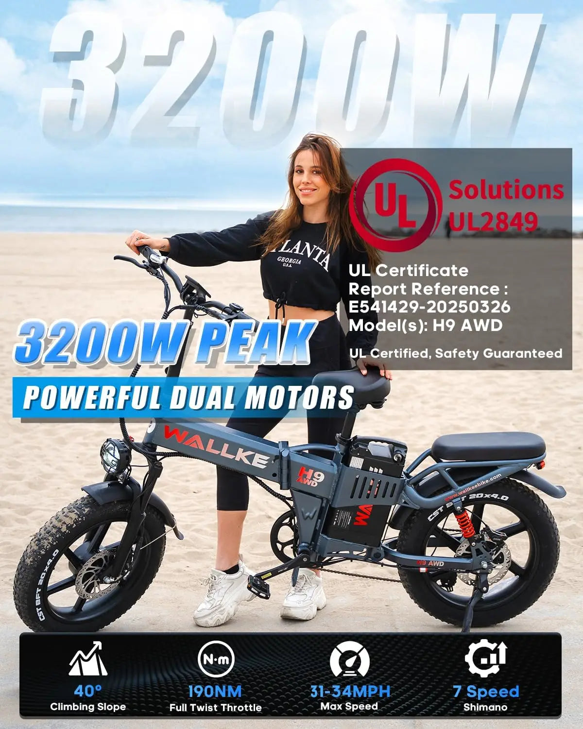 W Wallke H9 AWD 3200W Dual Motor Electric Bike with Samsung Battery Folding Design
