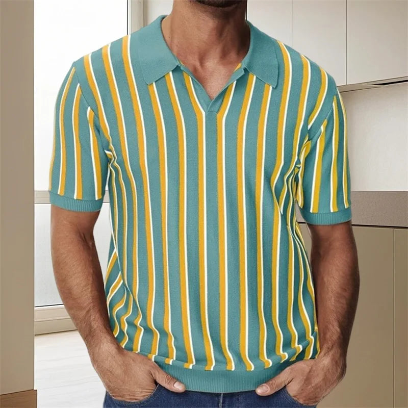 Men's Fit Striped Knit Shirt with Lapel V Neck - Stylish Summer Streetwear Top