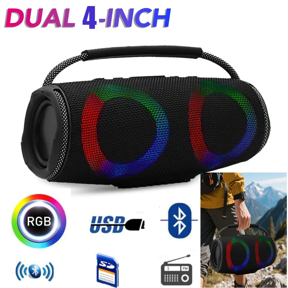 Powerful Bluetooth Speaker with LED Light Portable Outdoor Sound Box Dual Subwoofers