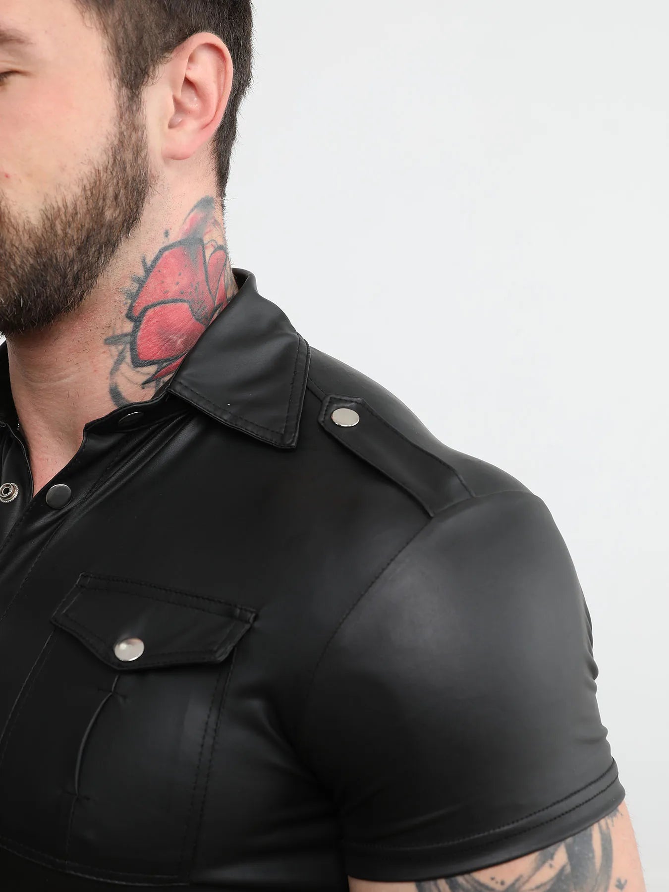 Men's Faux Leather Short Sleeve Collared Shirt for Casual Motorcycle and Party Wear