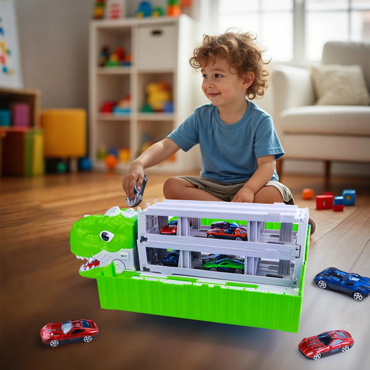 Dinosaur Transport Truck Toy With Foldable Race Track And Car Models For Boys