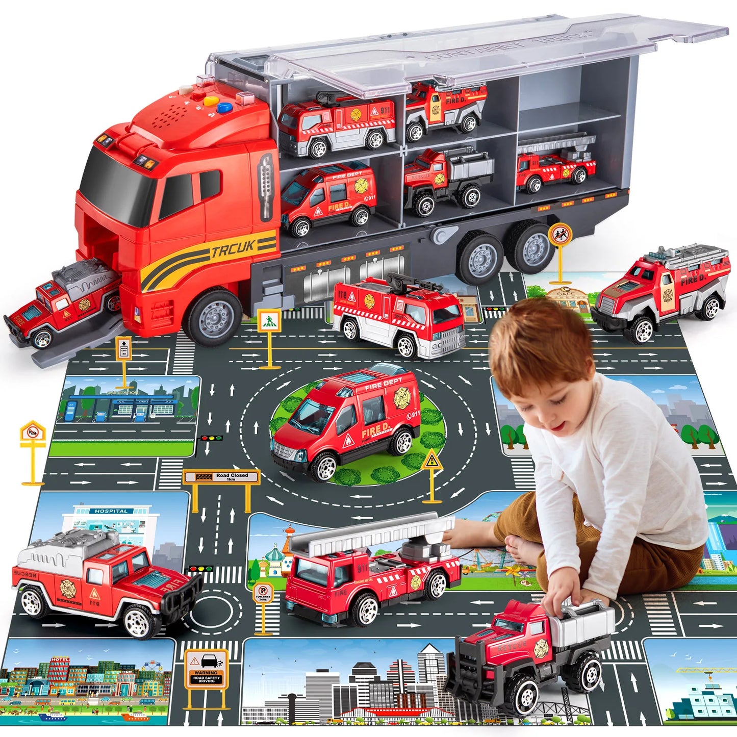 Kids Transport Truck Fire Cars Toy Set with Play Mat and 6 Mini Vehicle Gifts