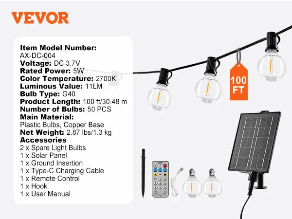 VEVOR Dimmable LED Outdoor String Lights 2700K Waterproof Patio Lights for Garden Balcony