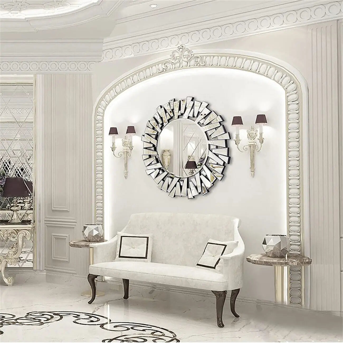 LUVODI Large Wall Decor Mirror Round for Living /Dining /Bed/Meeting/Bathroom Decorative with Silver Starburst Art Design