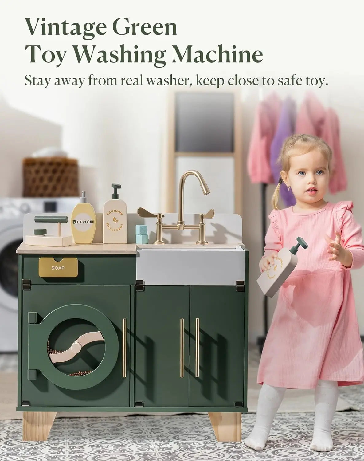 Robotime Wooden Vintage Green Washing Machine Playset for Kids Kitchen Pretend Play