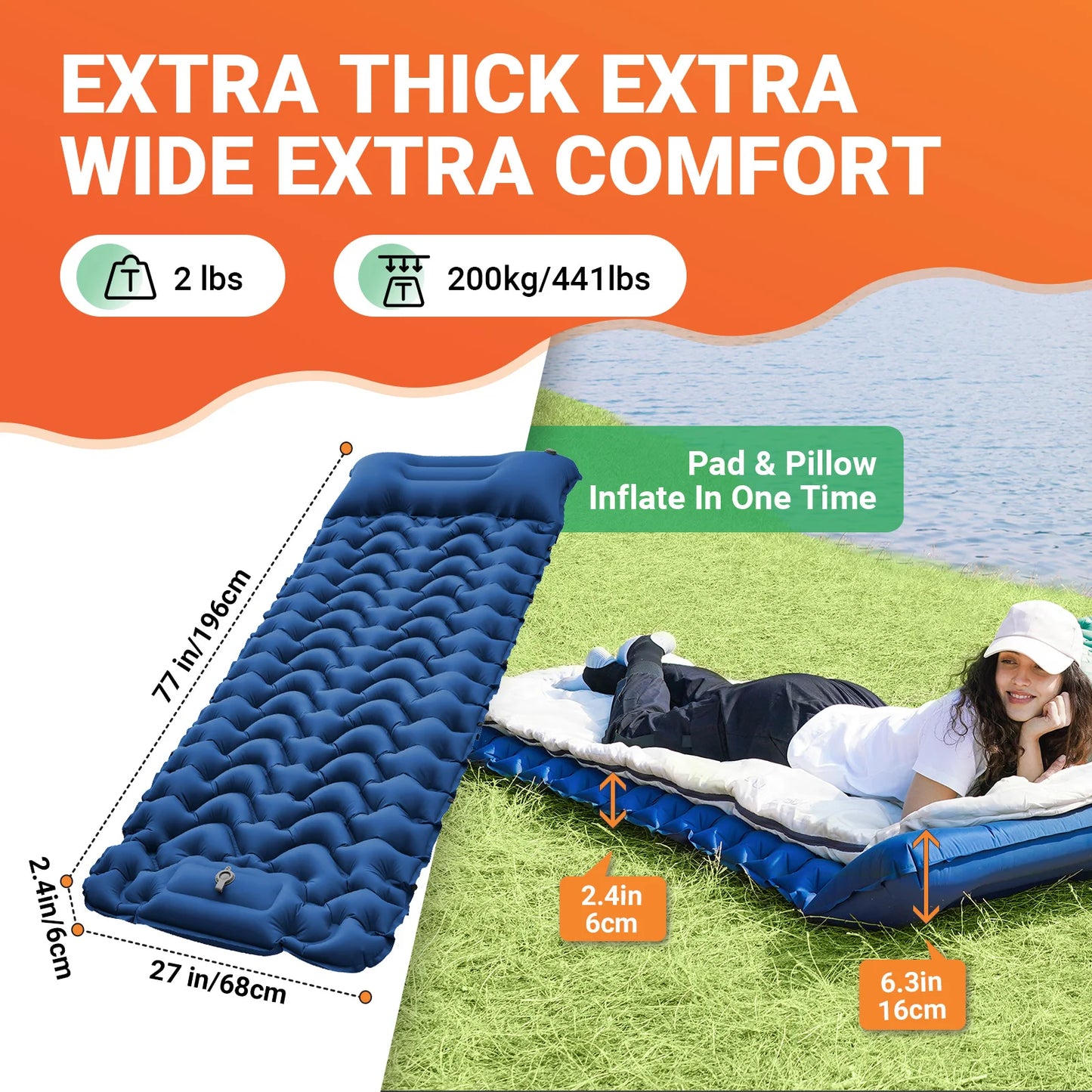 KingCamp Ultralight Self Inflating Sleeping Pad With Built-in Pillow And Foot Pump